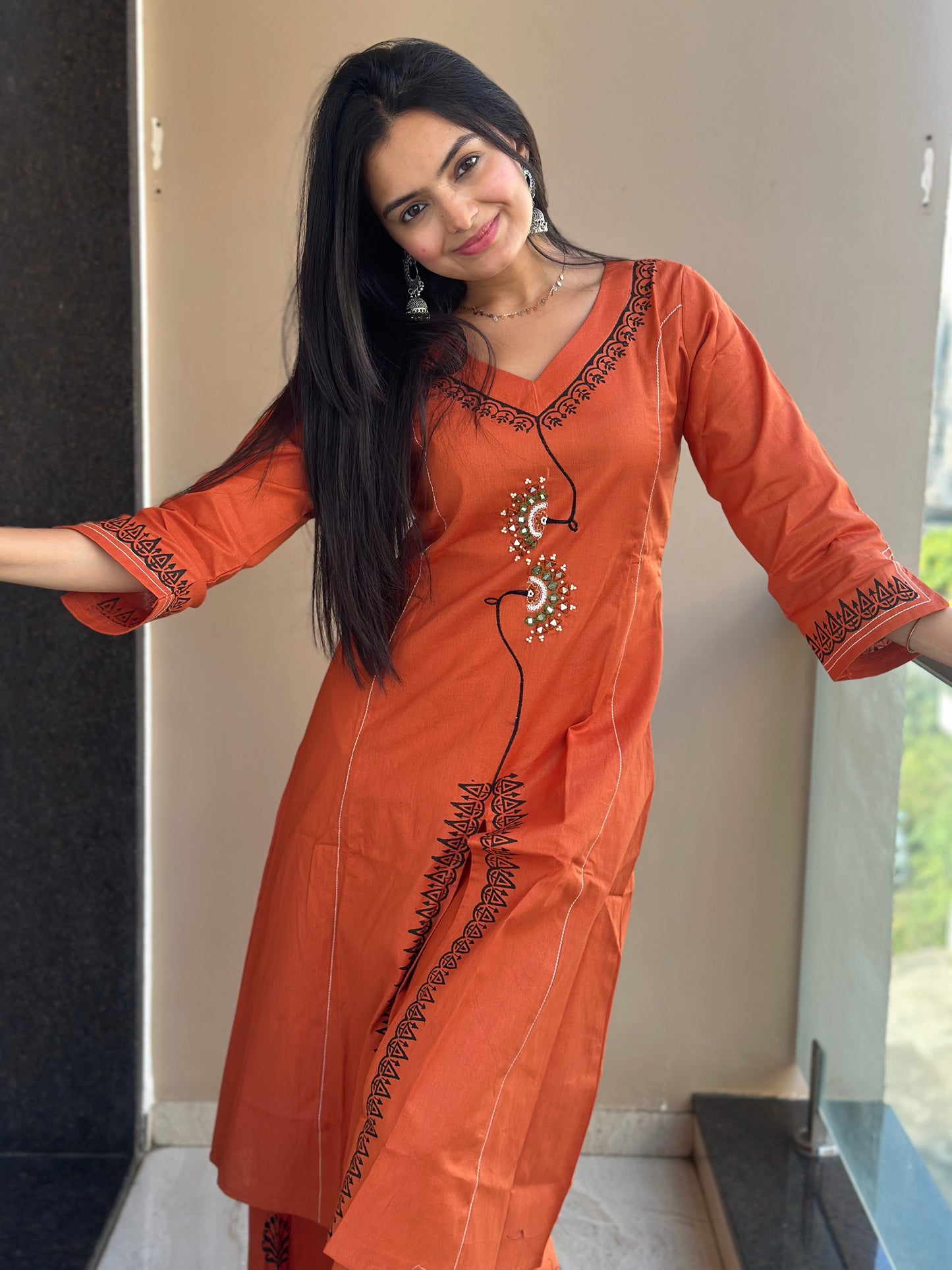 Mandarin Orange Linen Cotton Kurta Palazzo Co-ord Set