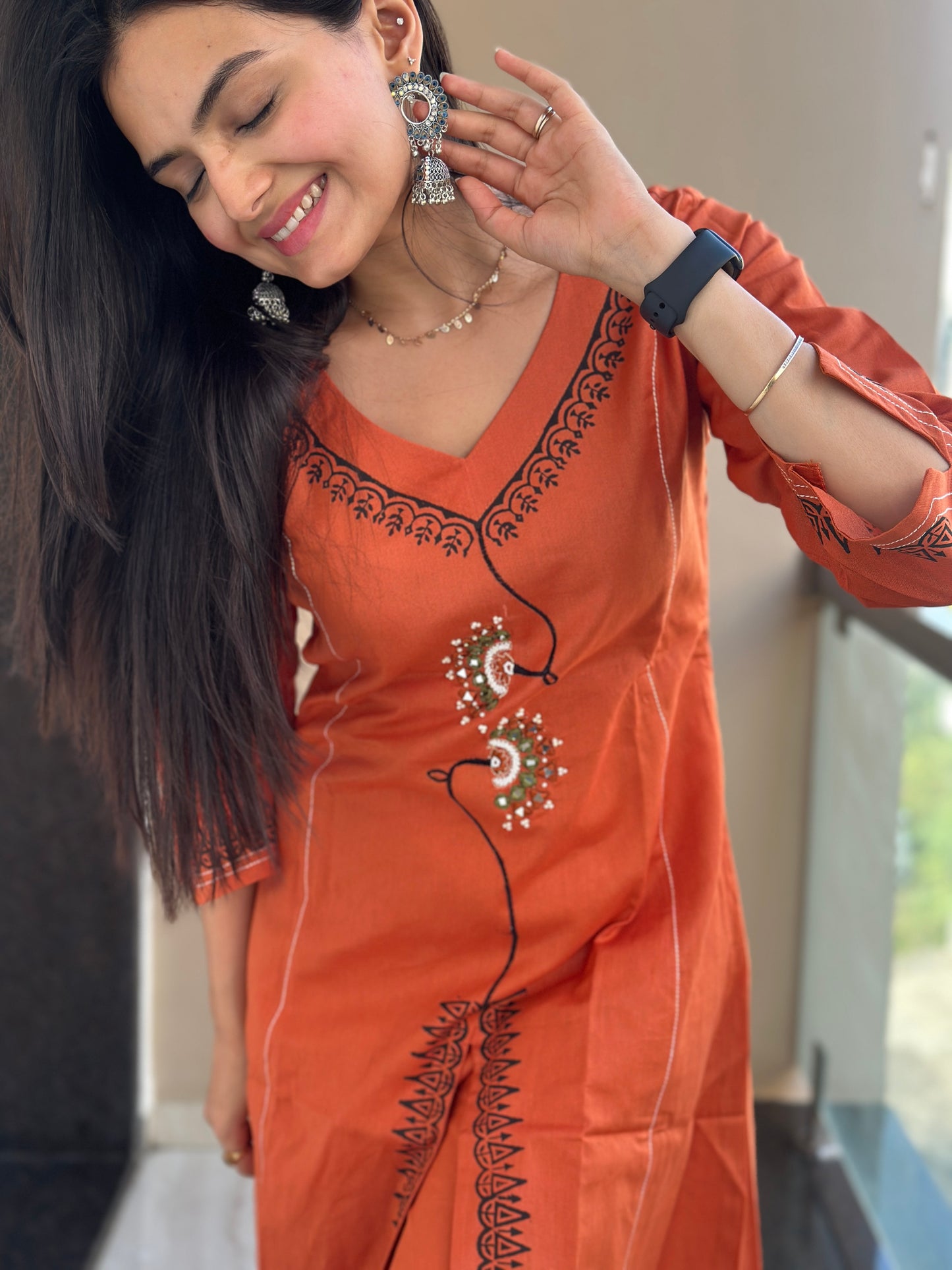 Mandarin Orange Linen Cotton Kurta Palazzo Co-ord Set
