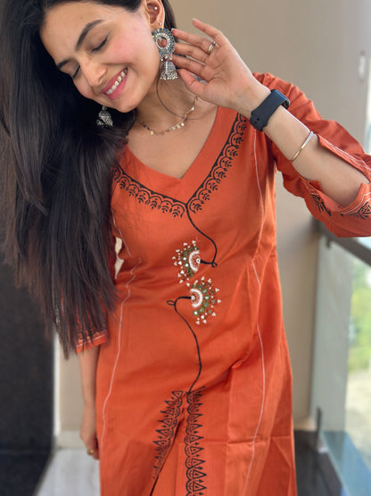 Mandarin Orange Linen Cotton Kurta Palazzo Co-ord Set