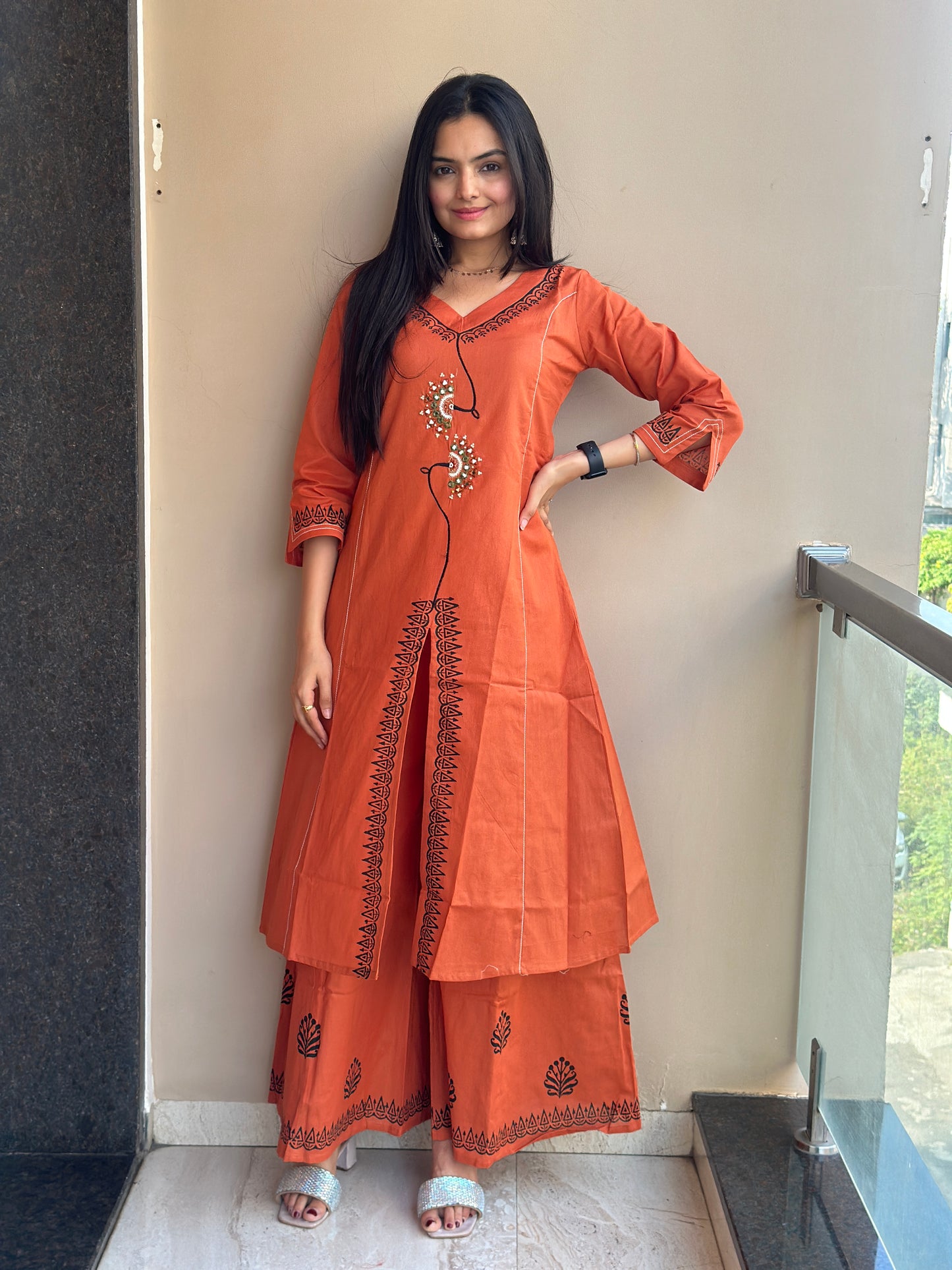 Mandarin Orange Linen Cotton Kurta Palazzo Co-ord Set