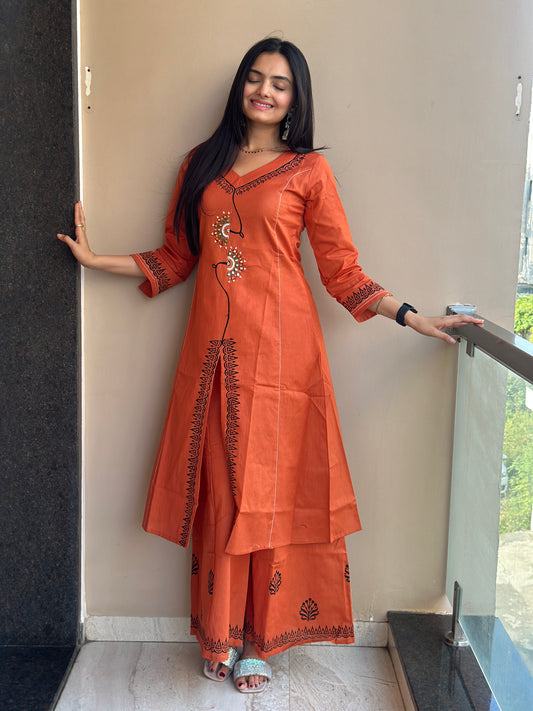 Mandarin Orange Linen Cotton Kurta Palazzo Co-ord Set