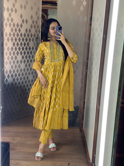 Mustard Yellow Pure Cotton Anarkali Suit Set