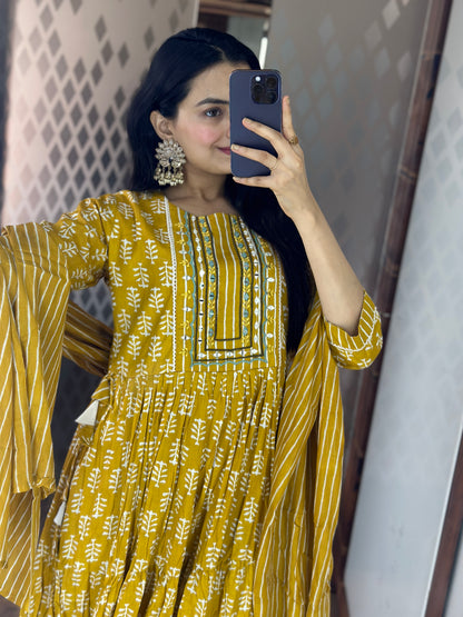 Mustard Yellow Pure Cotton Anarkali Suit Set