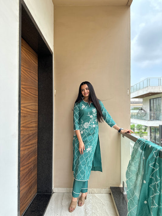 Turquoise Green Full Embroidered Kurta Pant Set