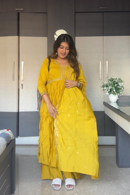 Sunshine Yellow Handwork Muslin Cotton Nyra Cut Kurta Palazzo Set