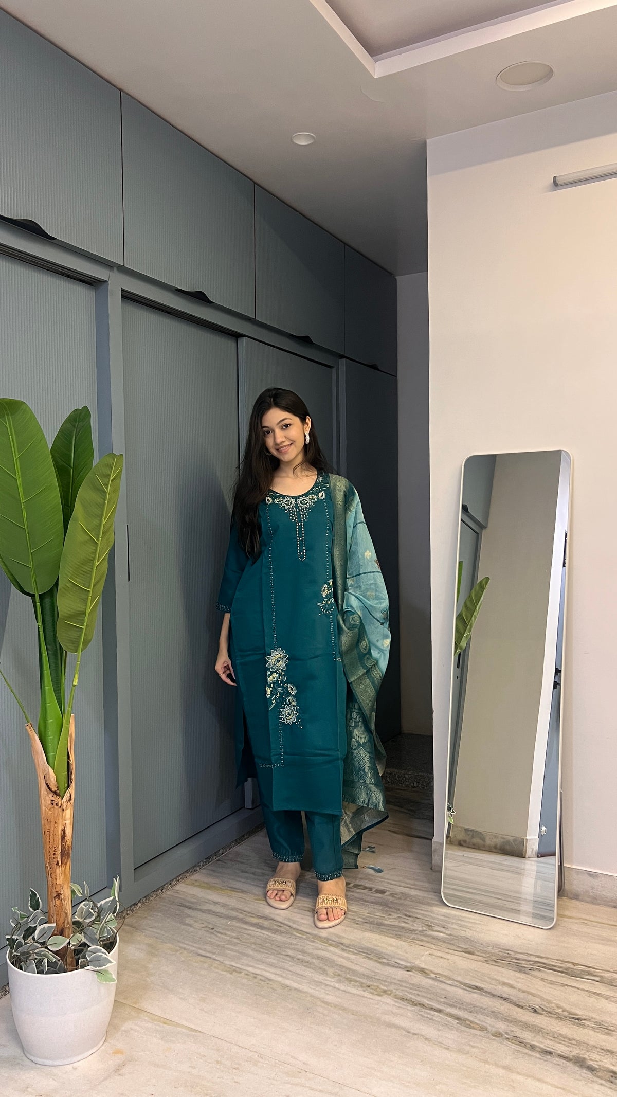 Teal Noor – Floral Embroidered Kurta Pant Set with Printed Dupatta