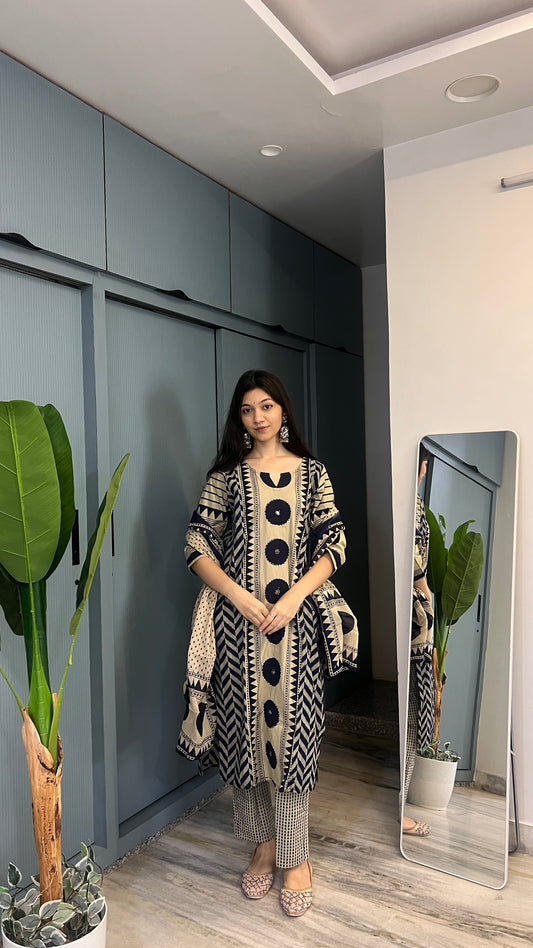 Navy Muse - Navy Blue & Cream Printed Suit Set
