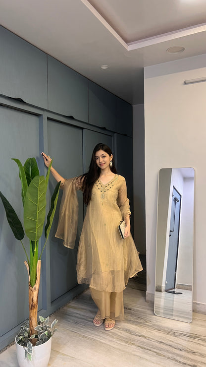 Champagne Beige Gold – Embellished Anarkali Suit Set with Dupatta 🤎🌿