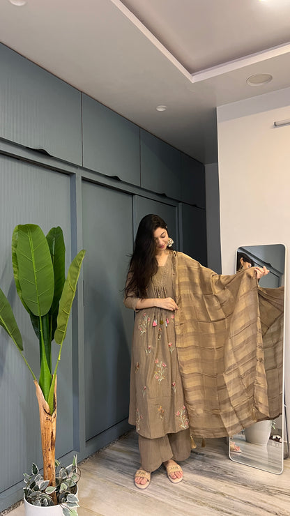 Mocha Muse – Handworked Embroidered Anarkali Suit Set with Striped Silk Dupatta
