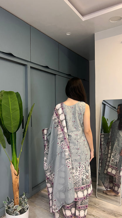 Ivory Mist Grey Gulnaar Printed Suit Set