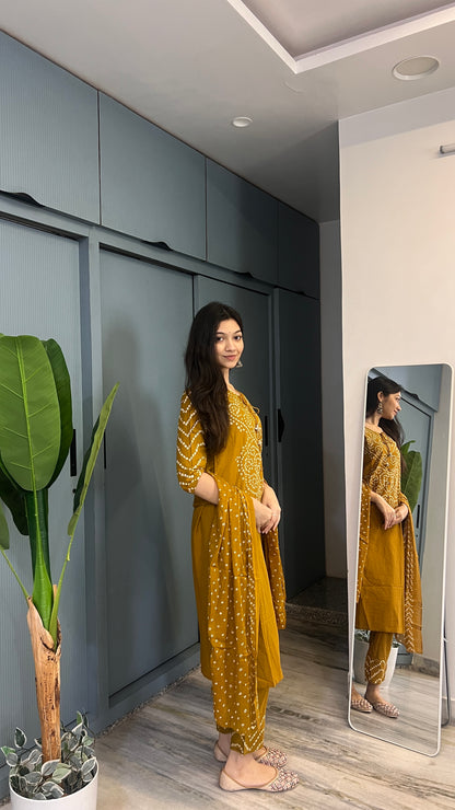 Marigold Muse — Mustard Printed Kurta Pant Set with Dupatta