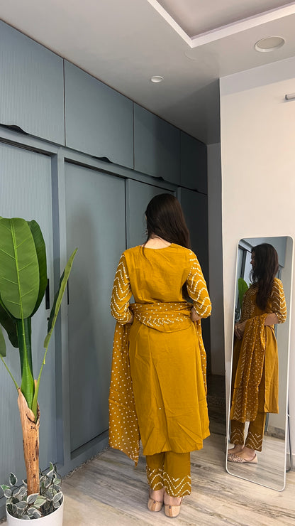 Marigold Muse — Mustard Printed Kurta Pant Set with Dupatta