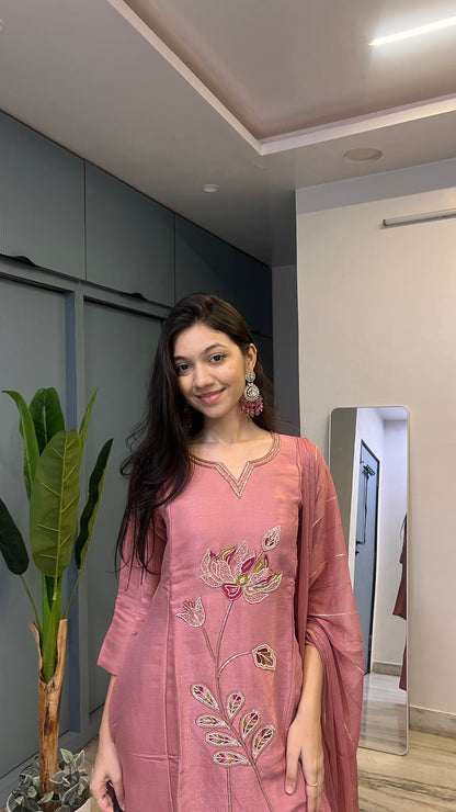 🌸 Mauve Rose Pink – Floral Beadwork Luxe Sheen Palazzo Set ✨