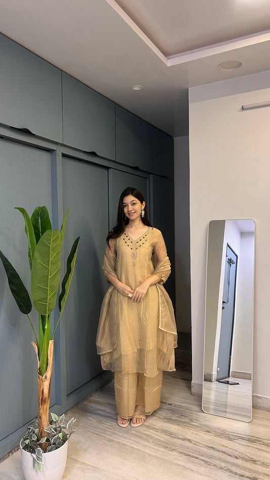 Champagne Beige Gold – Embellished Anarkali Suit Set with Dupatta 🤎🌿