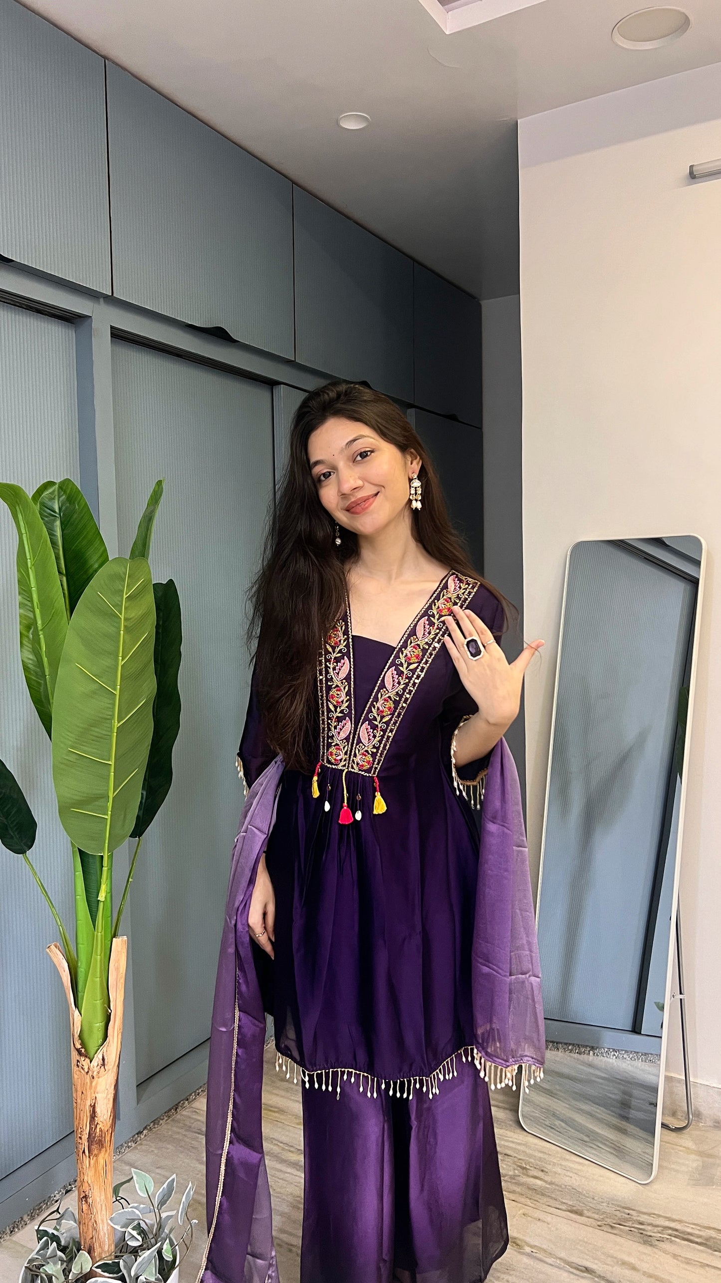 Amethyst Aura — Iridescent Tissue Handwork Short Kurti Palazzo Set with Dupatta