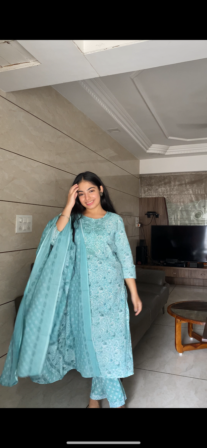 Aqua Blue Embroidered Kurta Pant Set