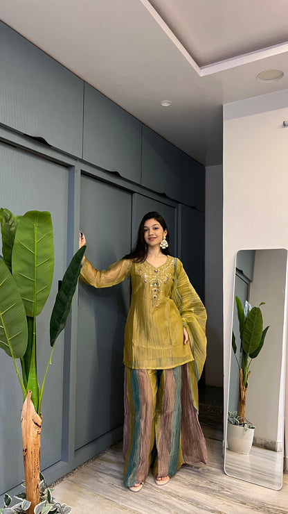 ✨ Golden Mosaic – Mustard Gold Crush Tissue Embroidered Palazzo Set with Dupatta 💛🌿