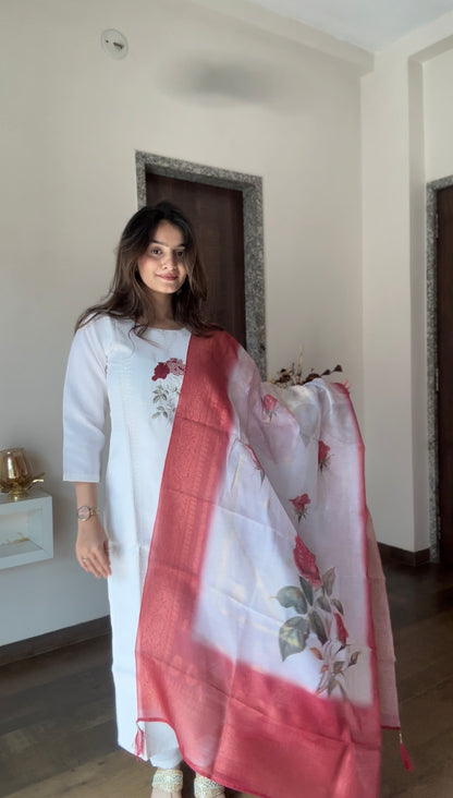 Pure White Rose Work Kurta Pant Set
