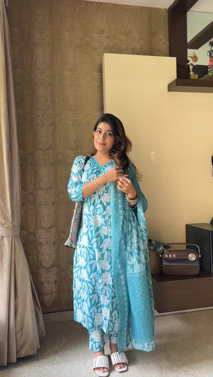 Azure Blue Pure Cotton Kurta Pant Set