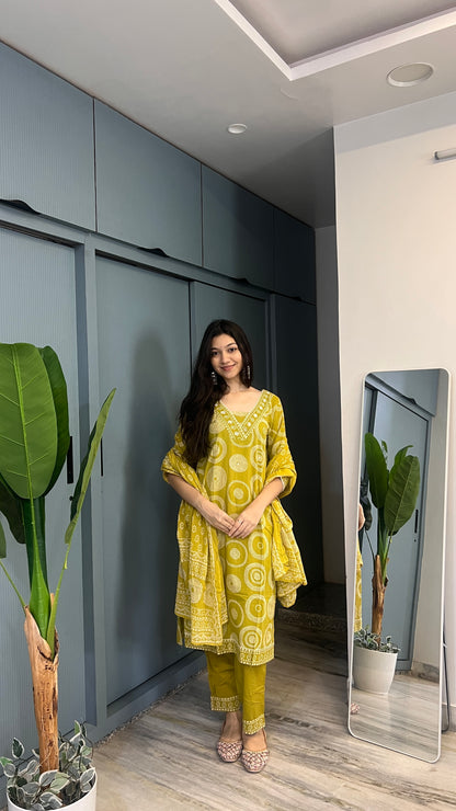 Olive Muse — Pure Cotton Printed Kurta Pant Set with Dupatta