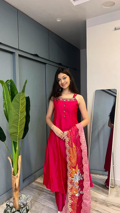 Fuchsia Pink Handwork Anarkali Kurta Palazzo Pant Set with Printed Dupatta
