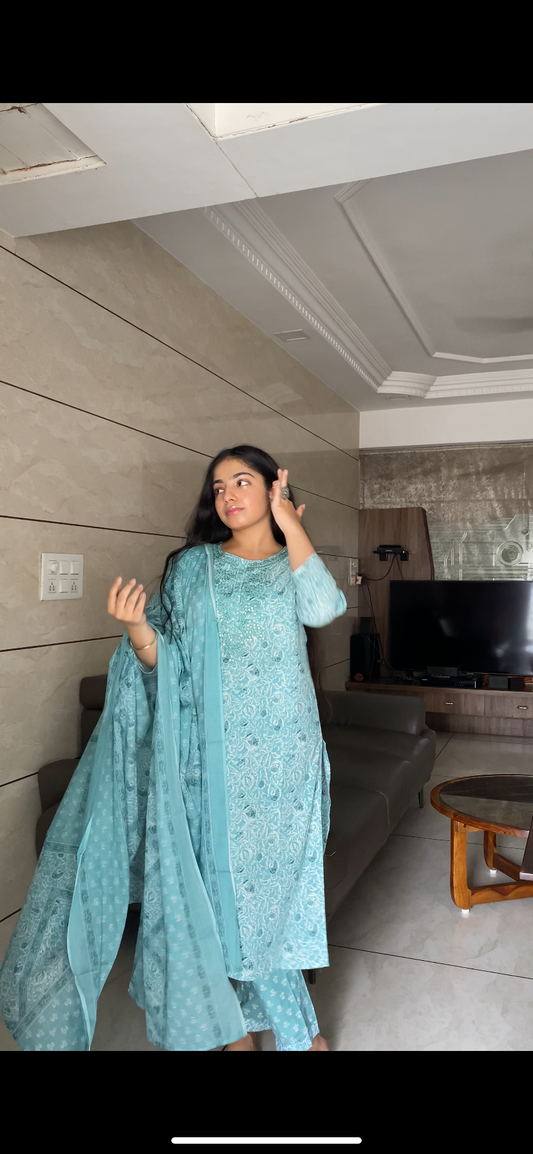 Aqua Blue Embroidered Kurta Pant Set