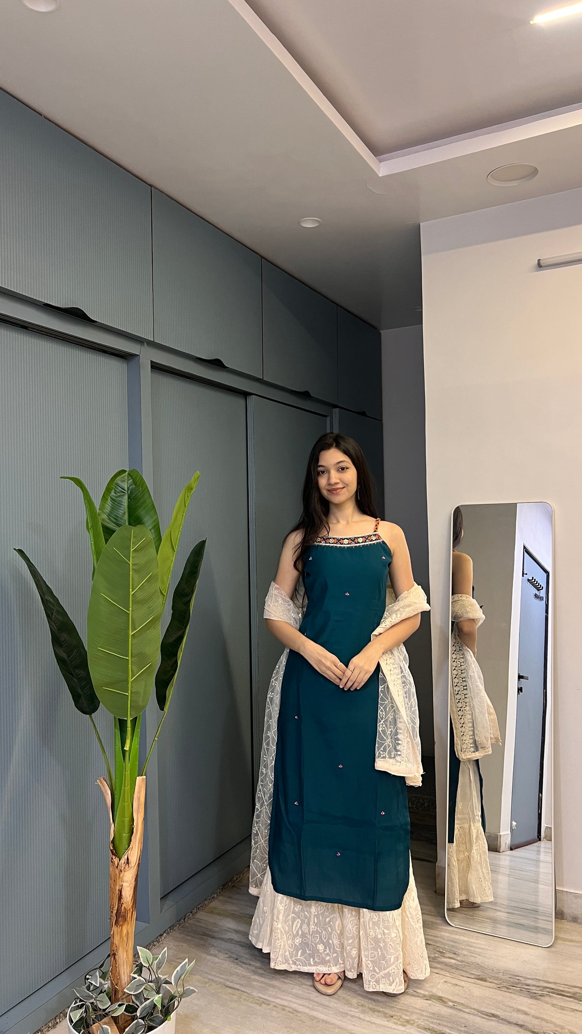 Anvika – Teal Embroidered Kurti Sharara Set with Ivory Dupatta