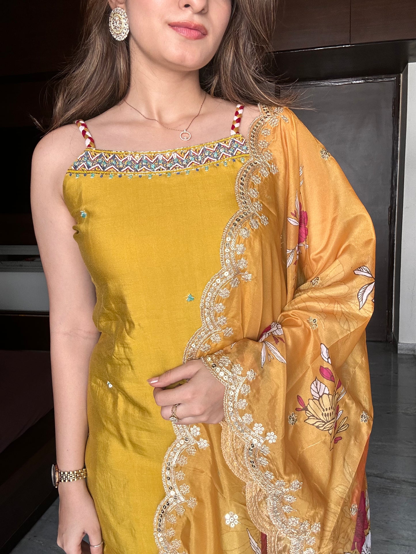 Mustard Yellow Handwork Sleeveless Kurta Palazzo Set