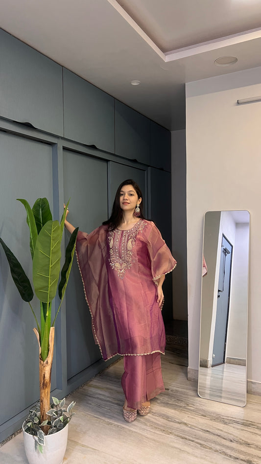 Rose Royale – Premium Crush Tissue Handwork Kaftan Set