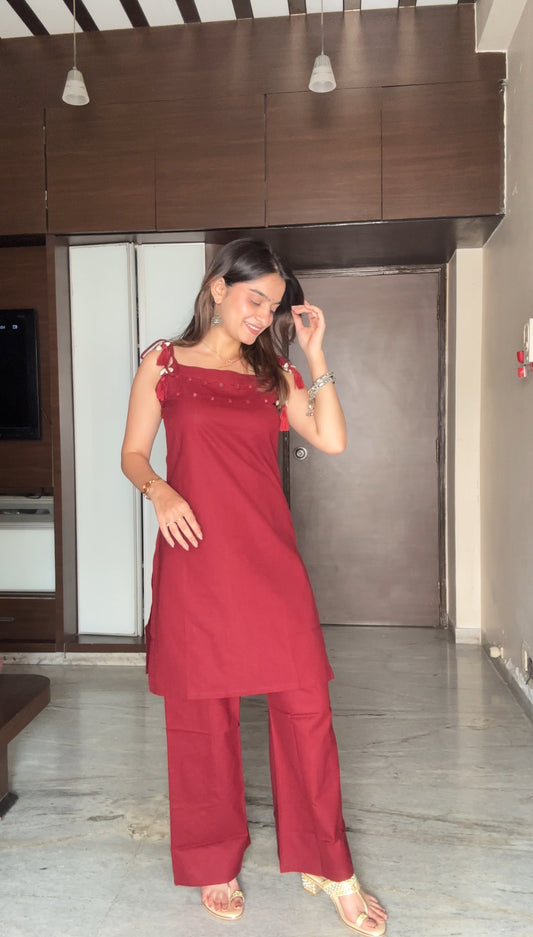 Garnet Majesty Red Pure Cotton Sleeveless Kurta Palazzo Set