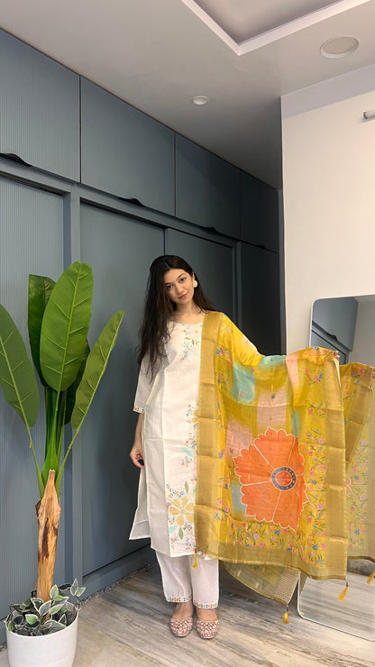 Ivory Haze – Embroidered Cotton Blend Suit Set with Chanderi-Style Organza Dupatta