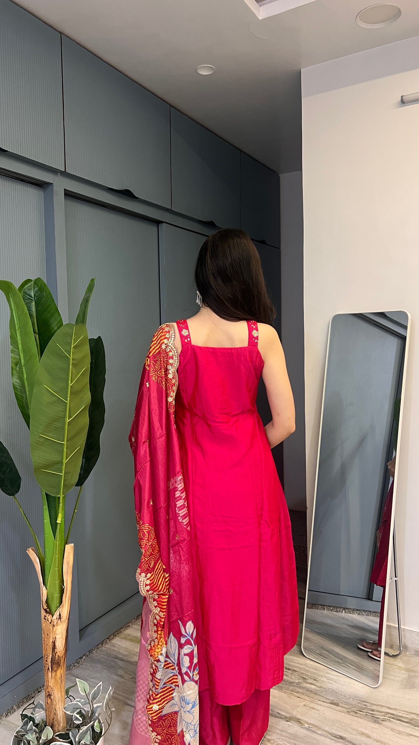 Fuchsia Pink Handwork Anarkali Kurta Palazzo Pant Set with Printed Dupatta