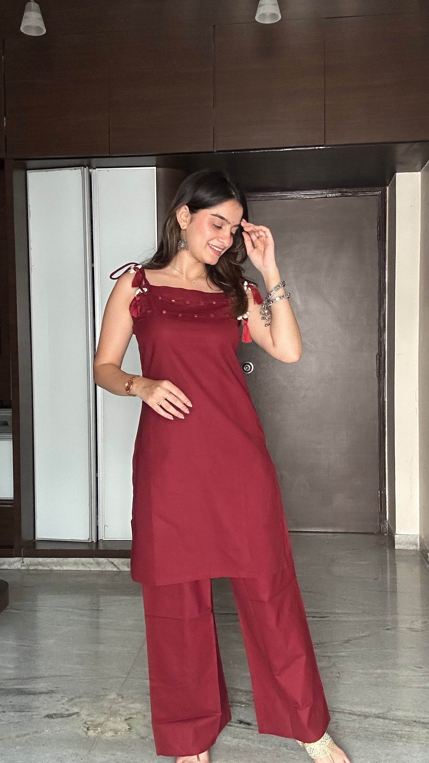 Garnet Majesty Red Pure Cotton Sleeveless Kurta Palazzo Set