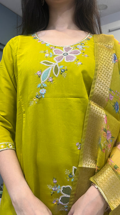 Lemon Luxe Handcrafted Floral Embroidered Suit Set with Printed Dupatta ✨