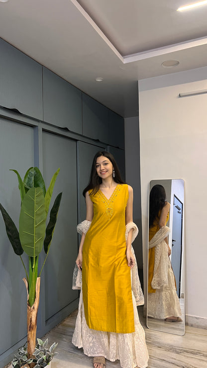 Marigold Muse – Mustard Embroidered Kurti Sharara Set with Dupatta