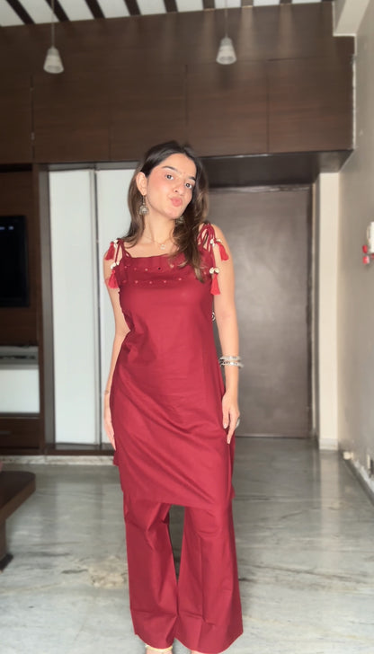Garnet Majesty Red Pure Cotton Sleeveless Kurta Palazzo Set