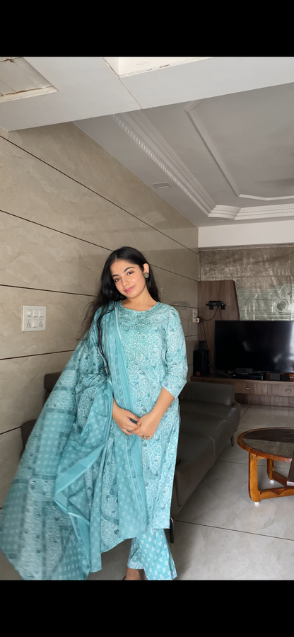 Aqua Blue Embroidered Kurta Pant Set