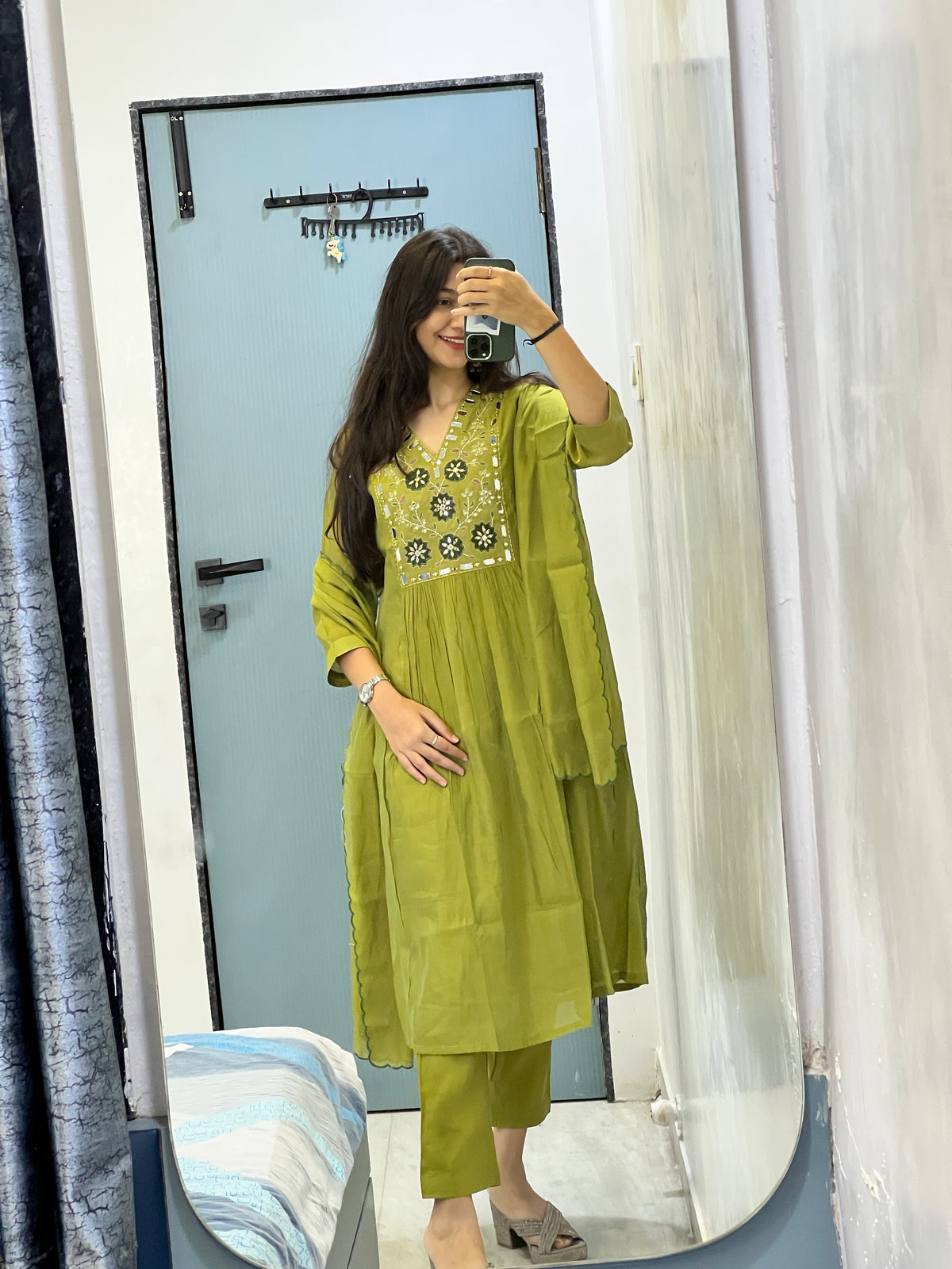 Olive Noor Mirror Work Mul Chanderi Anarkali Suit Set