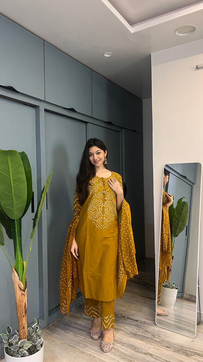Marigold Muse — Mustard Printed Kurta Pant Set with Dupatta