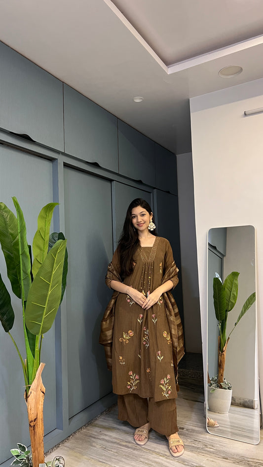 🤎 Espresso Bloom – Crush Textured Floral Embroidered Palazzo Suit Set with Dupatta
