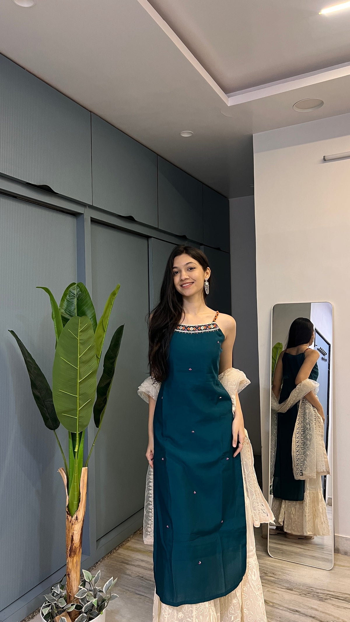 Anvika – Teal Embroidered Kurti Sharara Set with Ivory Dupatta