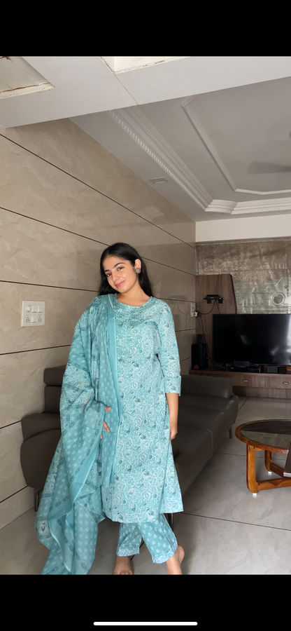 Aqua Blue Embroidered Kurta Pant Set