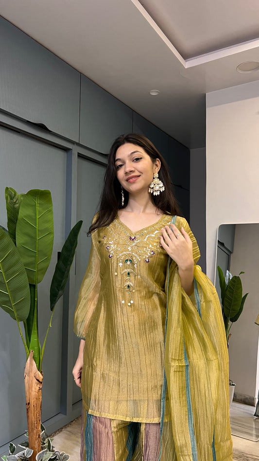 ✨ Golden Mosaic – Mustard Gold Crush Tissue Embroidered Palazzo Set with Dupatta 💛🌿