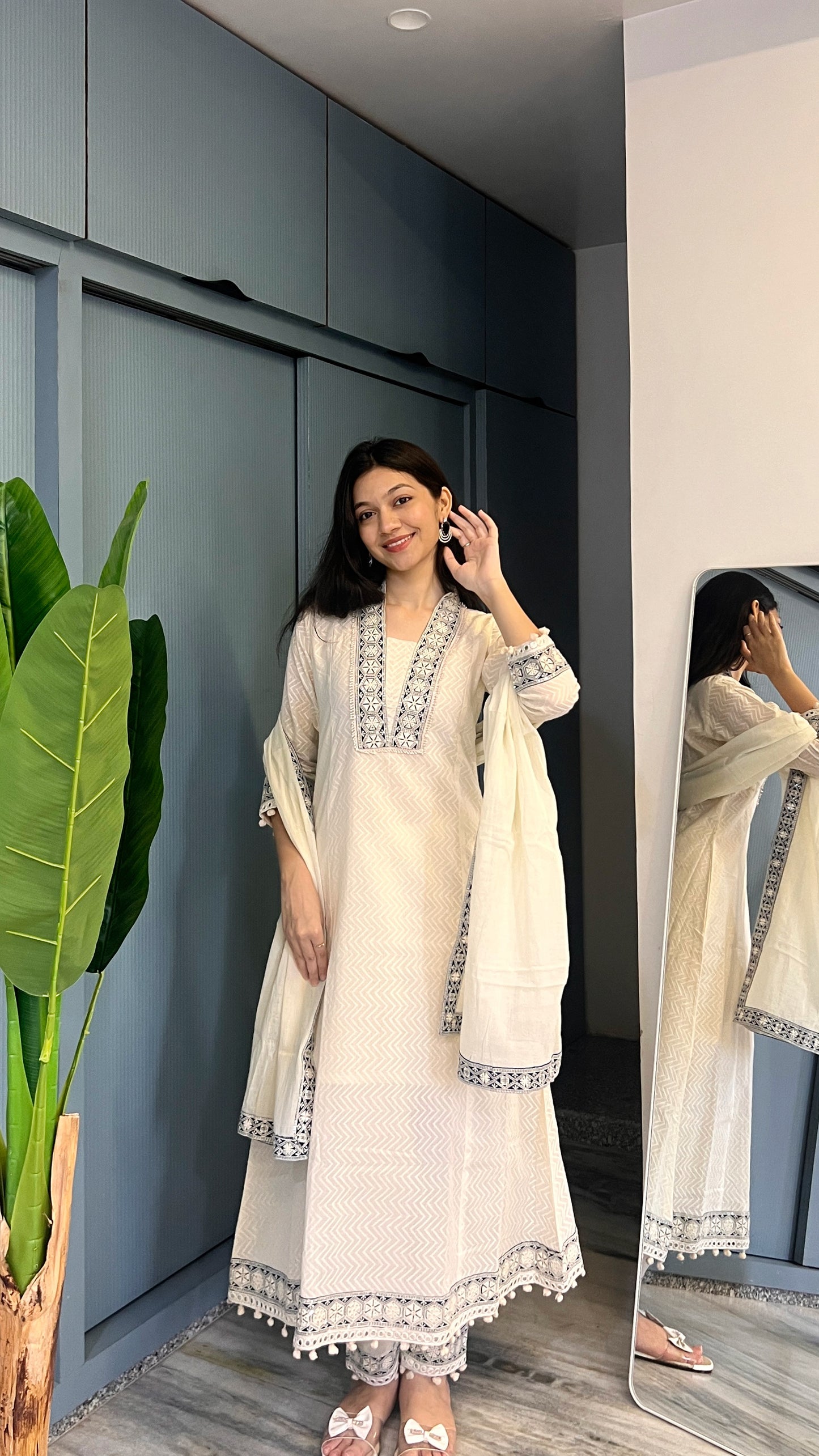 Ivory Chevron Embroidered Anarkali Kurta Pant Set with Dupatta
