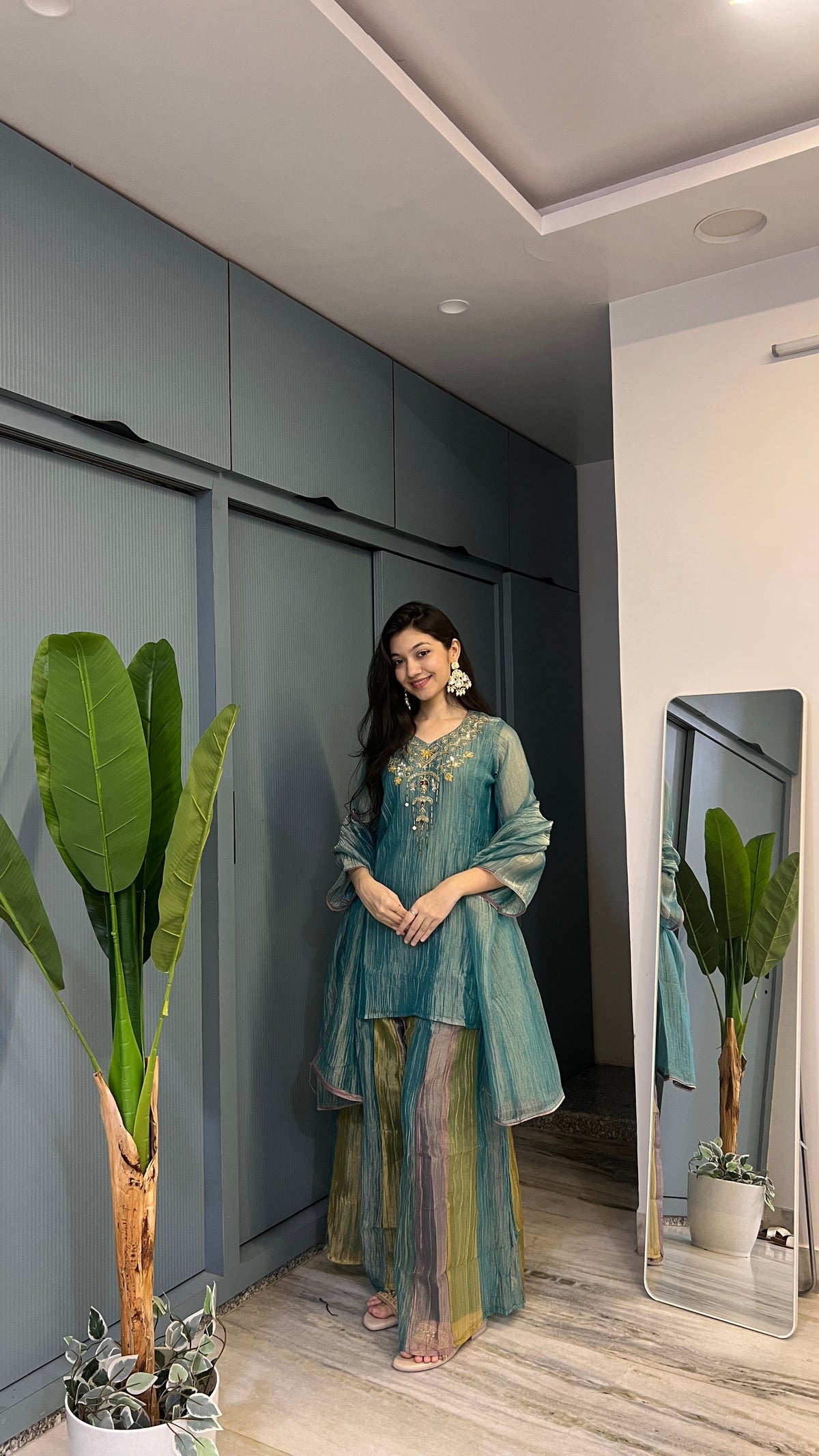 Teal Reverie – Hand Embroidered Crush Tissue 3-Piece Palazzo Suit Set