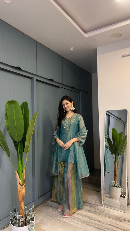 Teal Reverie – Hand Embroidered Crush Tissue 3-Piece Palazzo Suit Set