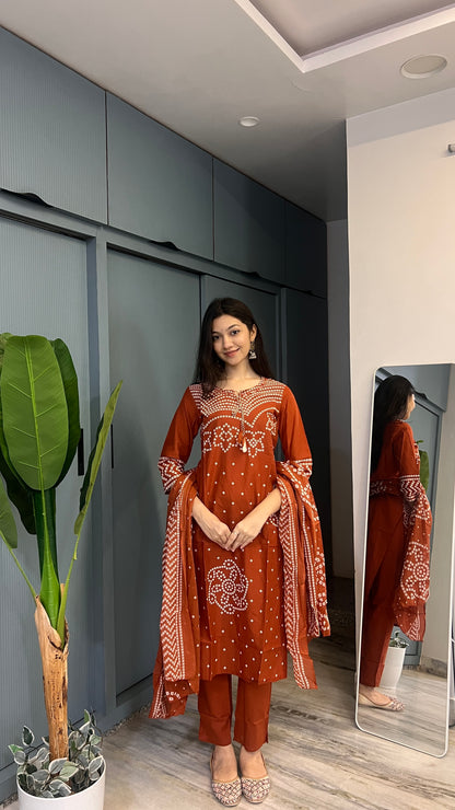 Terracotta Muse — Rust Printed Kurta Pant Set with Dupatta
