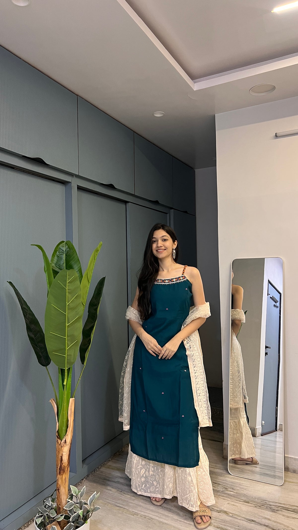 Anvika – Teal Embroidered Kurti Sharara Set with Ivory Dupatta