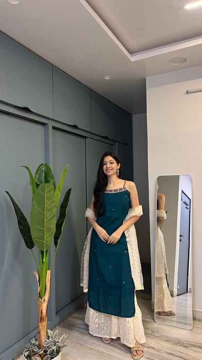 Anvika – Teal Embroidered Kurti Sharara Set with Ivory Dupatta