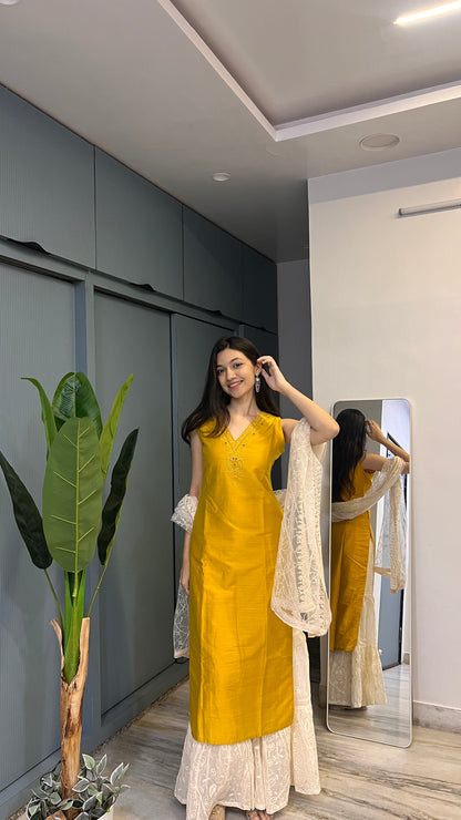 Marigold Muse – Mustard Embroidered Kurti Sharara Set with Dupatta